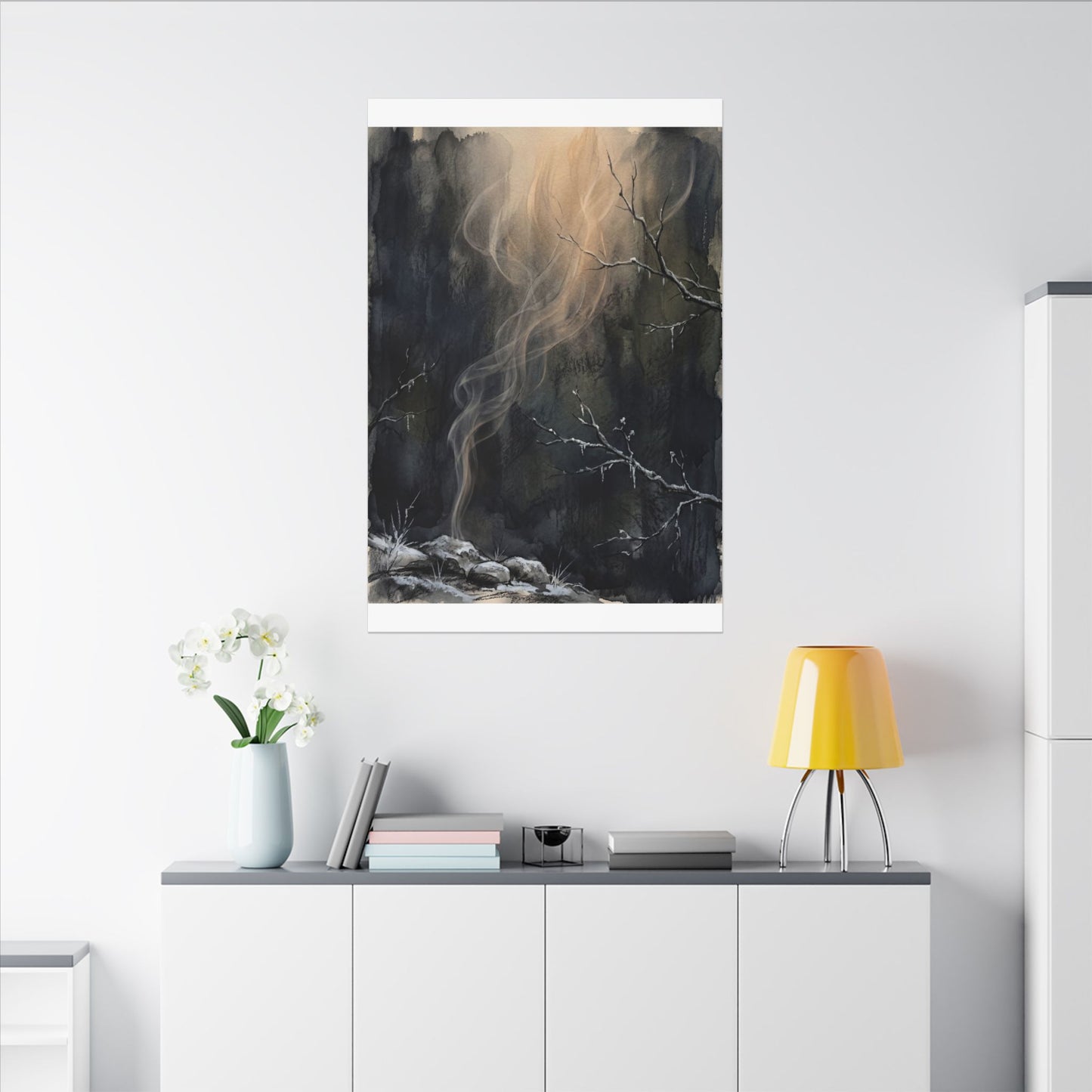 Incense Smoke Winter Canvas Art | Dark Japandi Moody Design