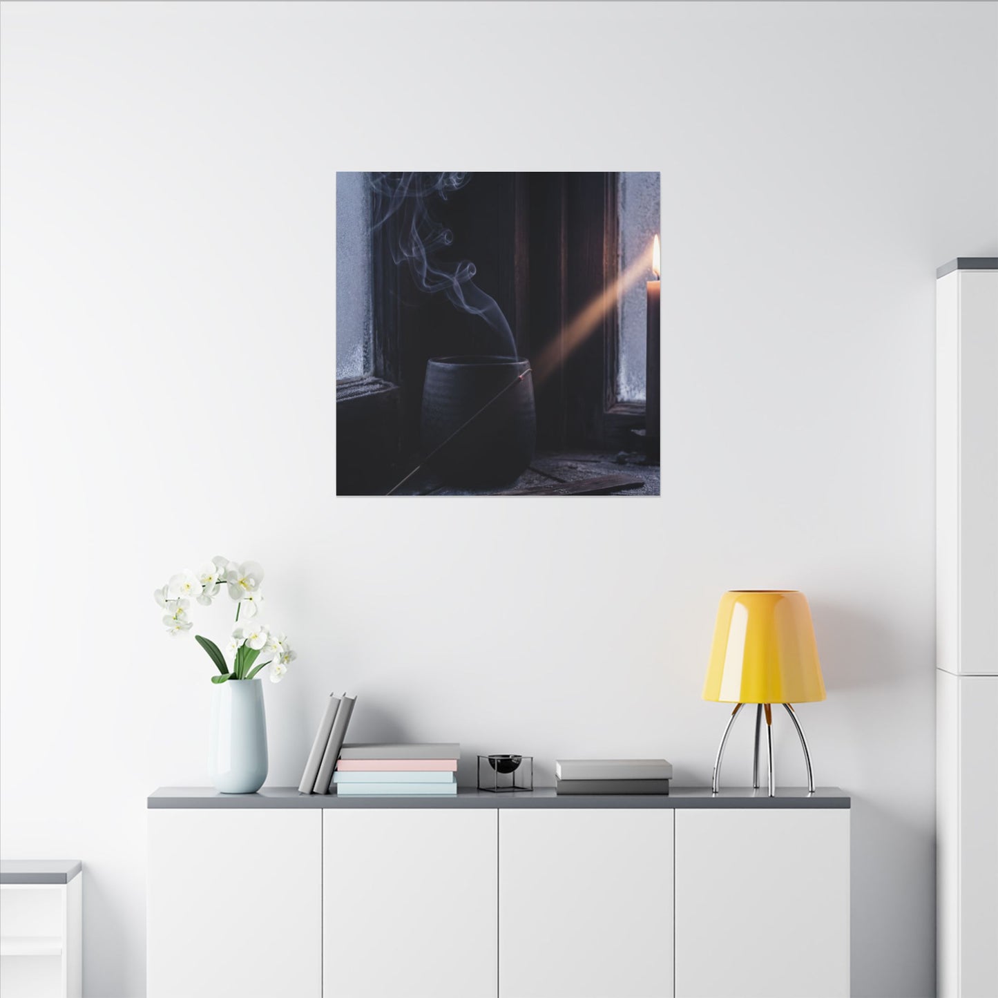 Incense Smoke Winter Canvas Art | Dark Japandi Sophisticated Design