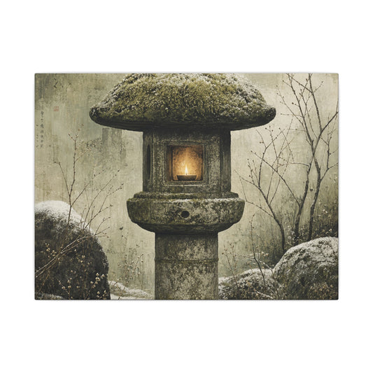 Stone Lantern Winter Canvas Art | Japandi Neutral Design