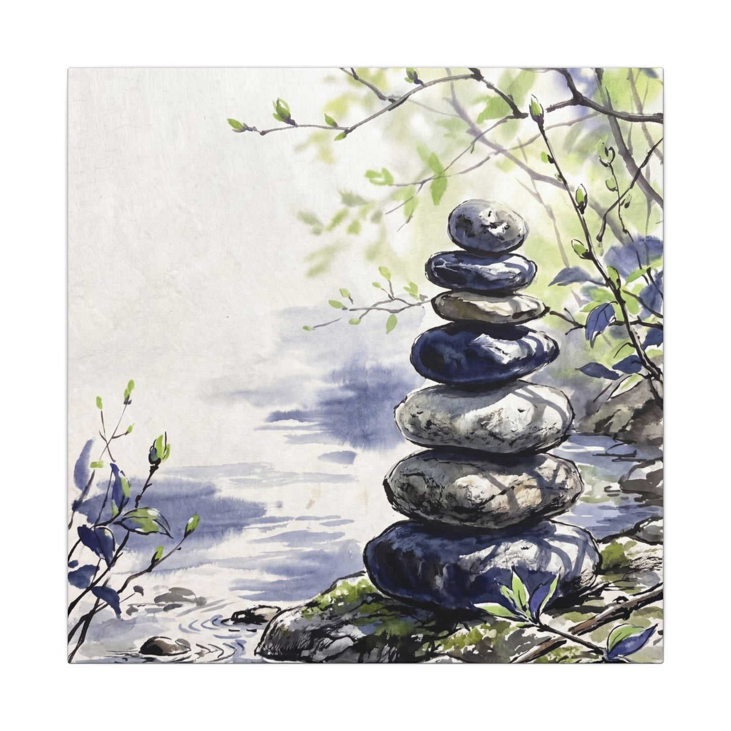 River Stones Sumi E Canvas Art | Serene Zen Art