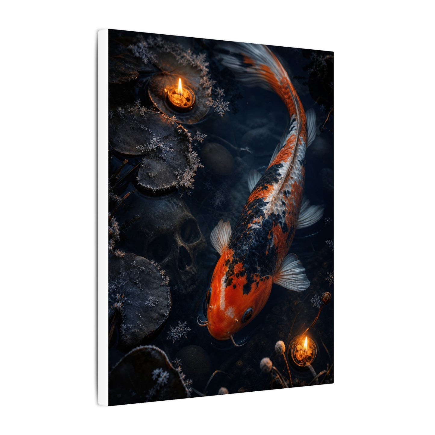 Koi Pond Canvas Art | Winter Dark Japandi Shadow Zen Art