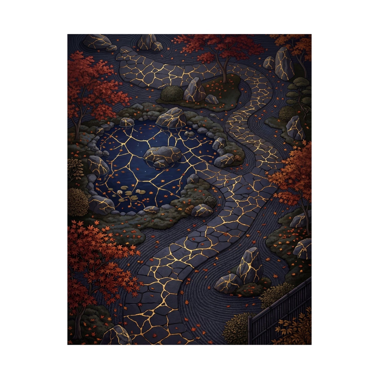 Moonlit Garden Wall Art Print | Autumn Kintsugi Gold Vein Art