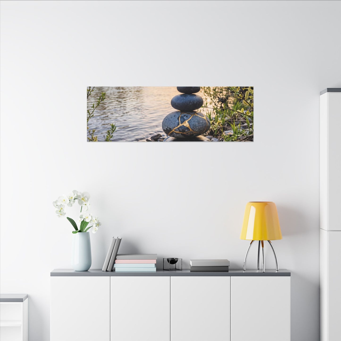 Kintsugi River Stones in Golden Hour | Gold Vein Canvas Art