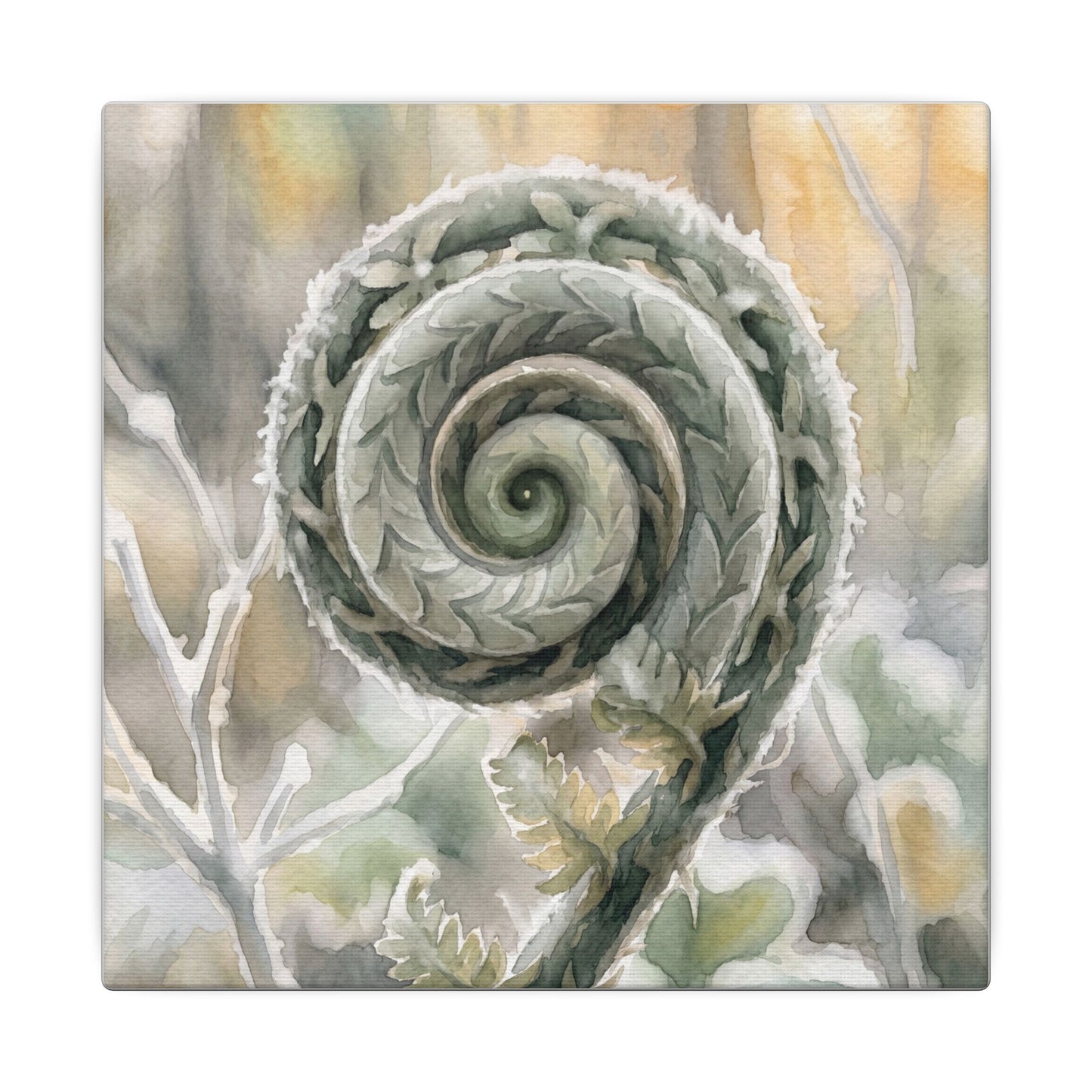 Winter Fern Unfurling Watercolor Canvas Art | Cozy Decor
