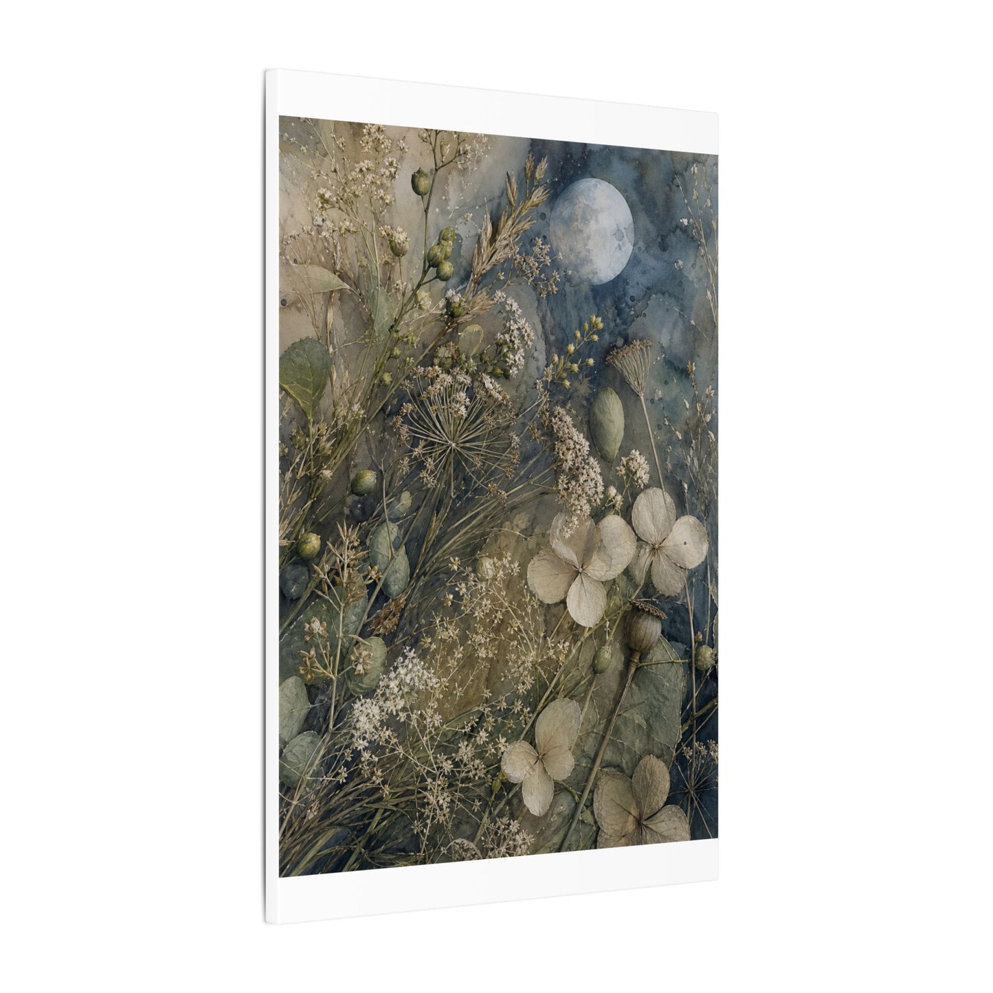 Japandi Dried Flowers in Moonlight | Watercolor Canvas Art