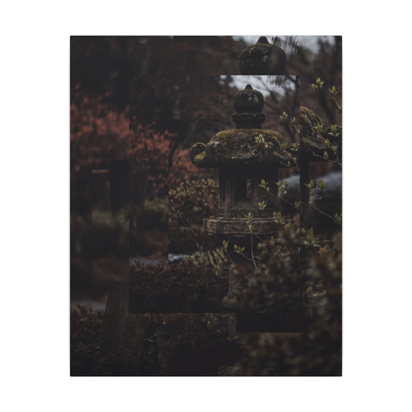 Stone Lantern Spring Canvas Art | Dark Japandi Bold Design