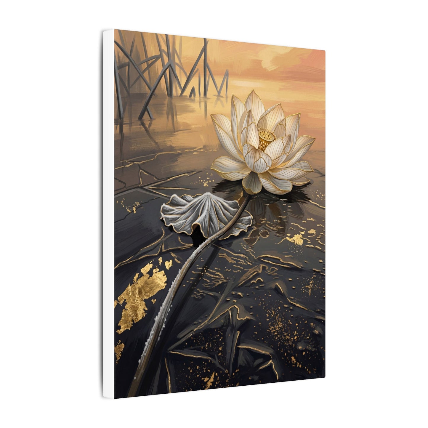 Kintsugi Lotus Flower in Golden Hour | Gold Vein Canvas Art