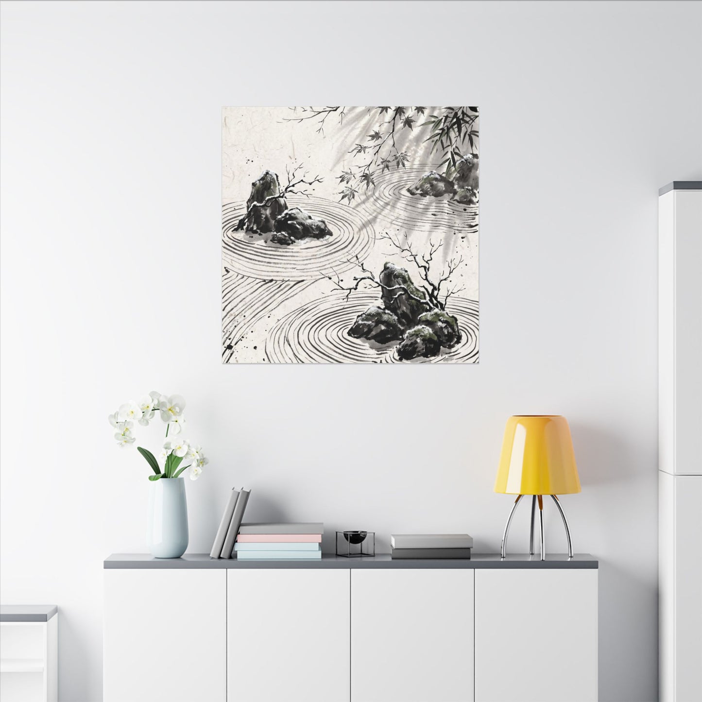 Rock Garden Canvas Art | Winter Zen Sumi E Art
