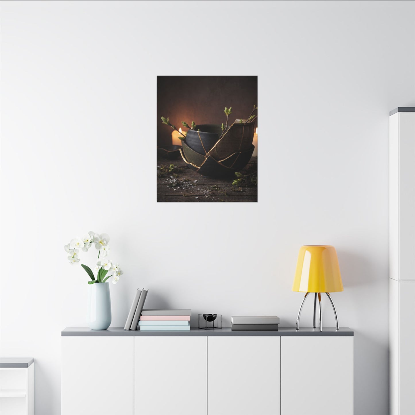 Broken Pottery Spring Canvas Art | Dark Japandi Luxurious Design