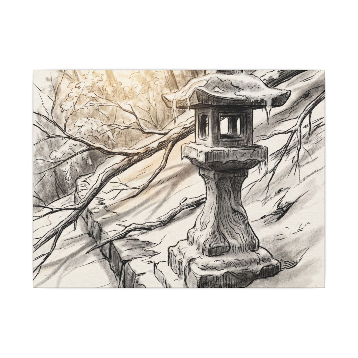 Golden Hour Stone Lantern Canvas Art - Japandi Kanso Art Print