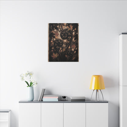 Mono No Aware Fern Unfurling Canvas Art - Dark Japandi Charcoal Ink