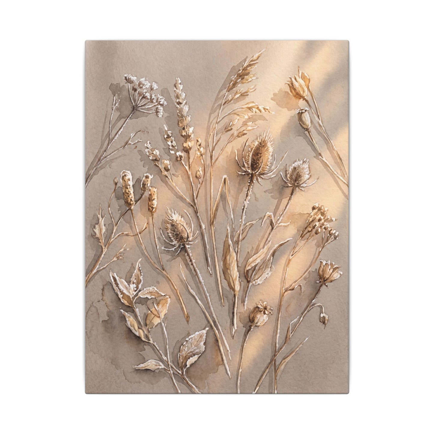 Japandi Dried Flowers in Golden Hour | Watercolor Canvas Art