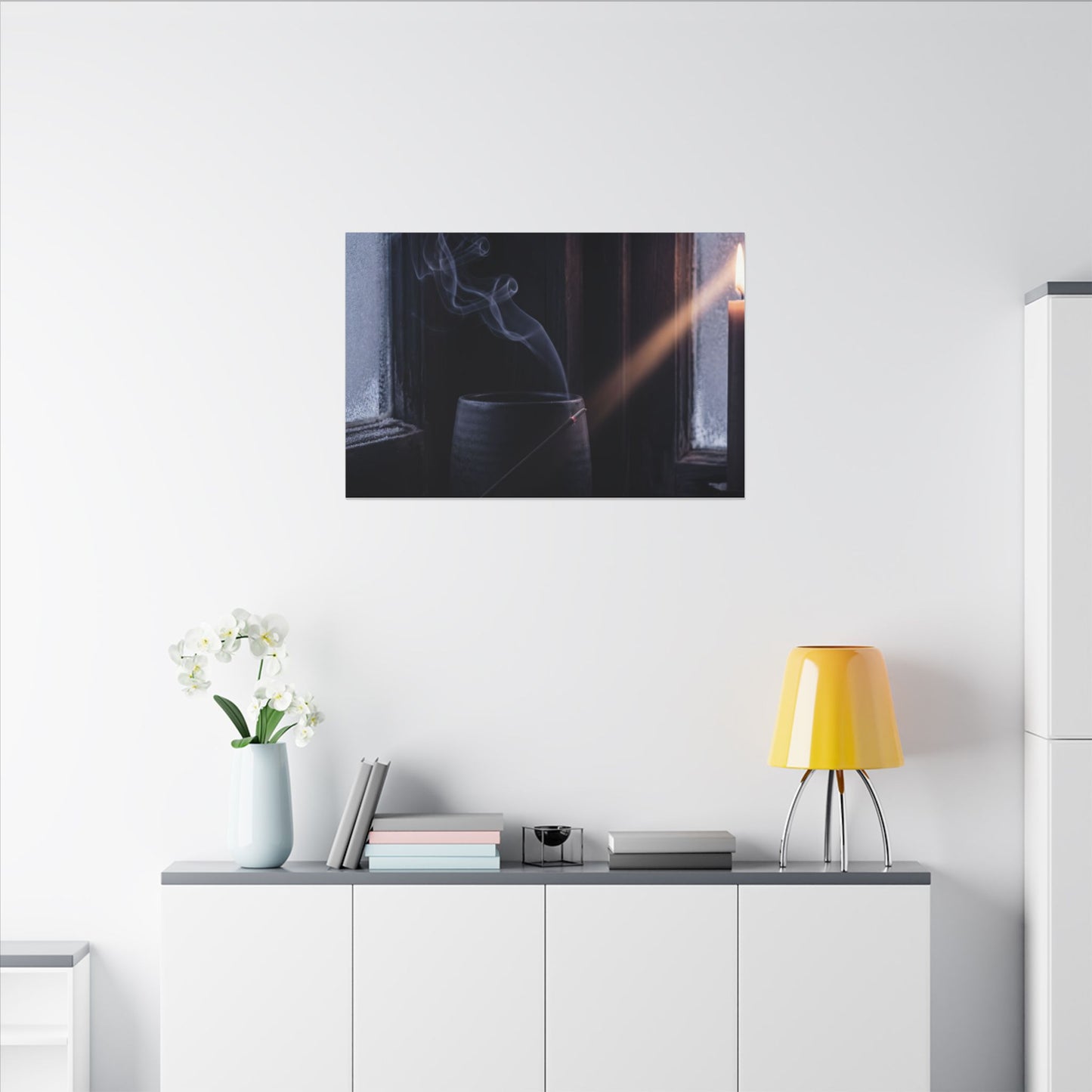 Incense Smoke Winter Canvas Art | Dark Japandi Sophisticated Design