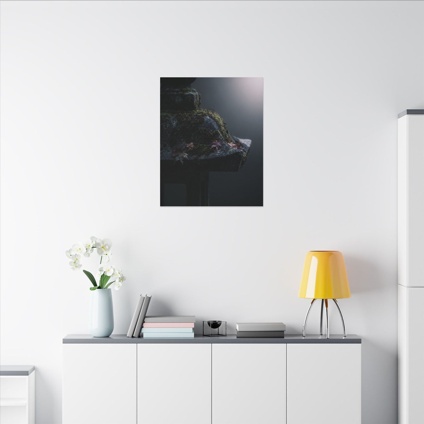 Stone Lantern Moody Minimal Canvas Art | Sophisticated Dark Japandi Art