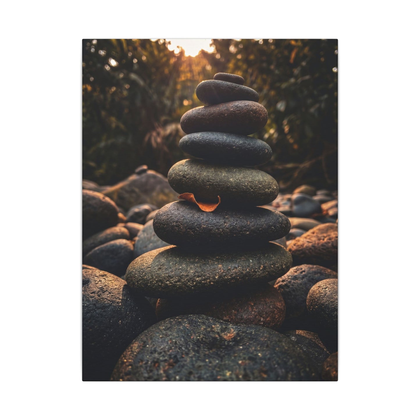 Dark Japandi River Stones in Golden Hour | Moody Minimal Canvas Art