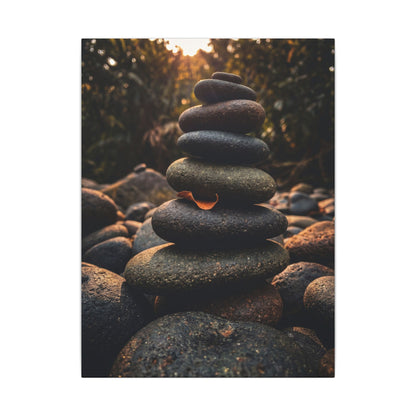 Dark Japandi River Stones in Golden Hour | Moody Minimal Canvas Art