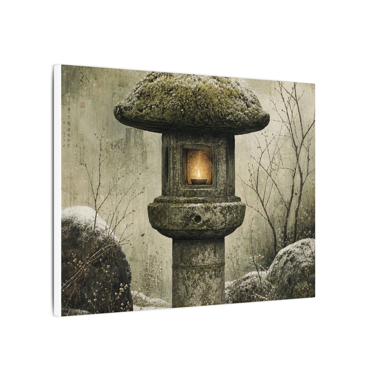 Stone Lantern Winter Canvas Art | Japandi Neutral Design