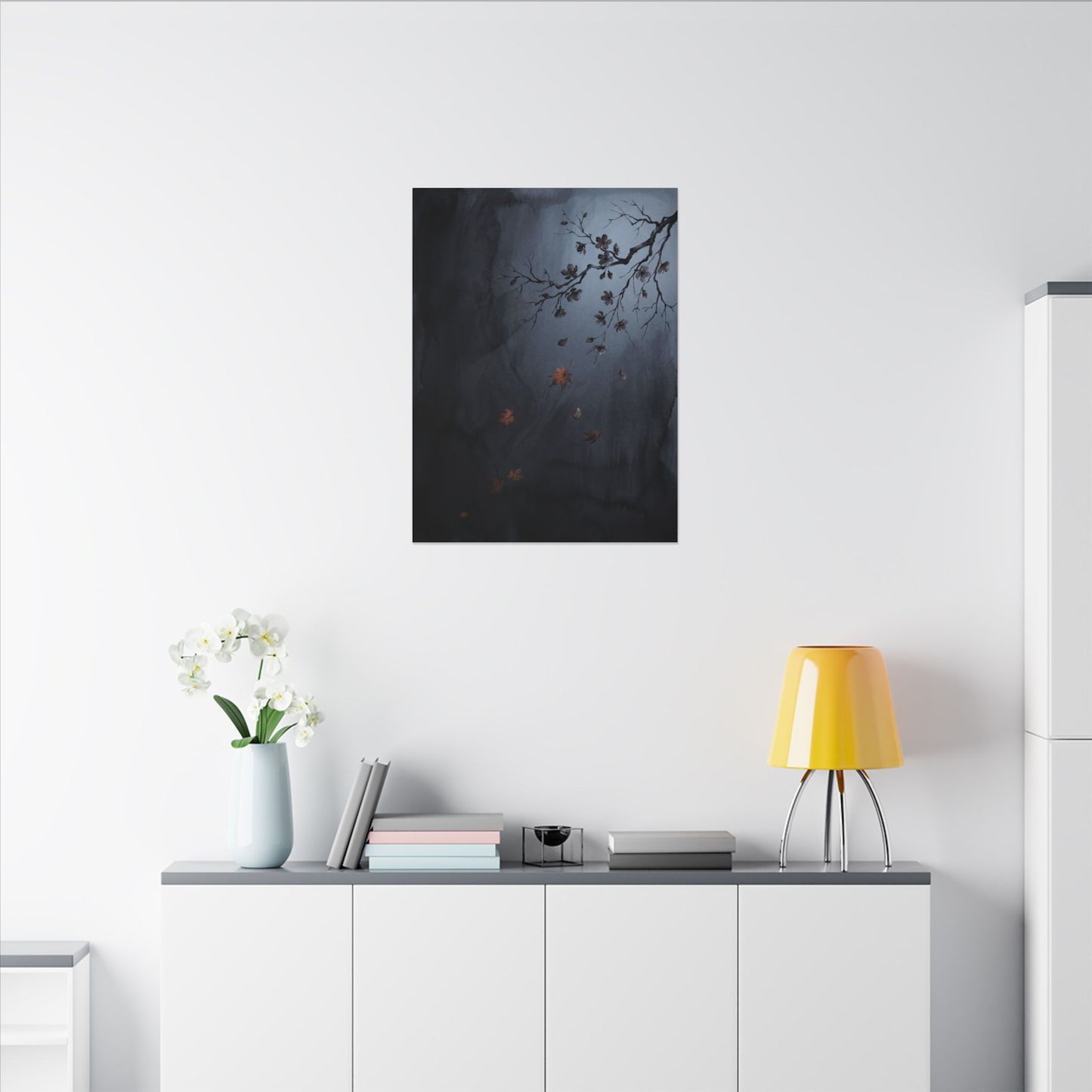 Autumn Cherry Blossom Charcoal Ink Canvas Art | Atmospheric Decor