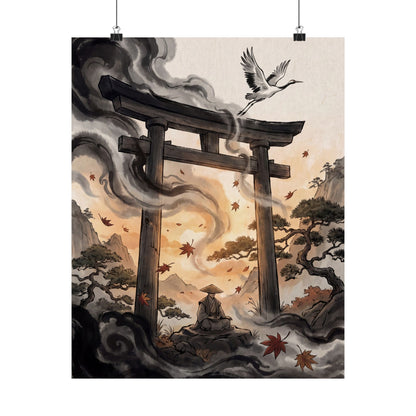 Autumn Torii Gate Ukiyo E Inspired Wall Art Print | Contemplative Decor Art Print