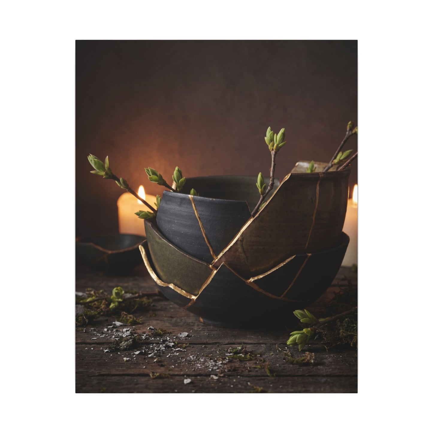 Broken Pottery Spring Canvas Art | Dark Japandi Luxurious Design