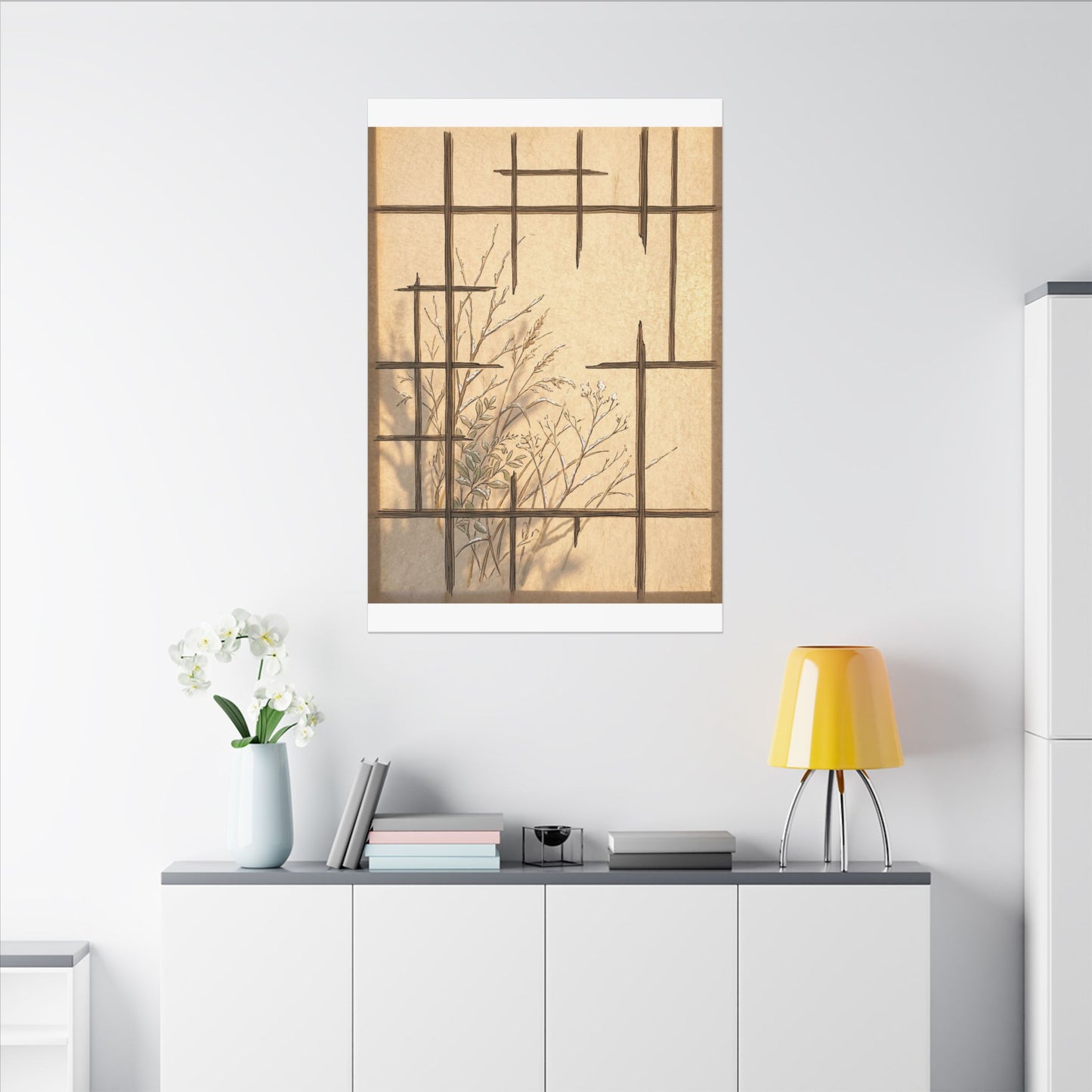 Shoji Screen Canvas Art | Winter Japandi Minimal Line Art