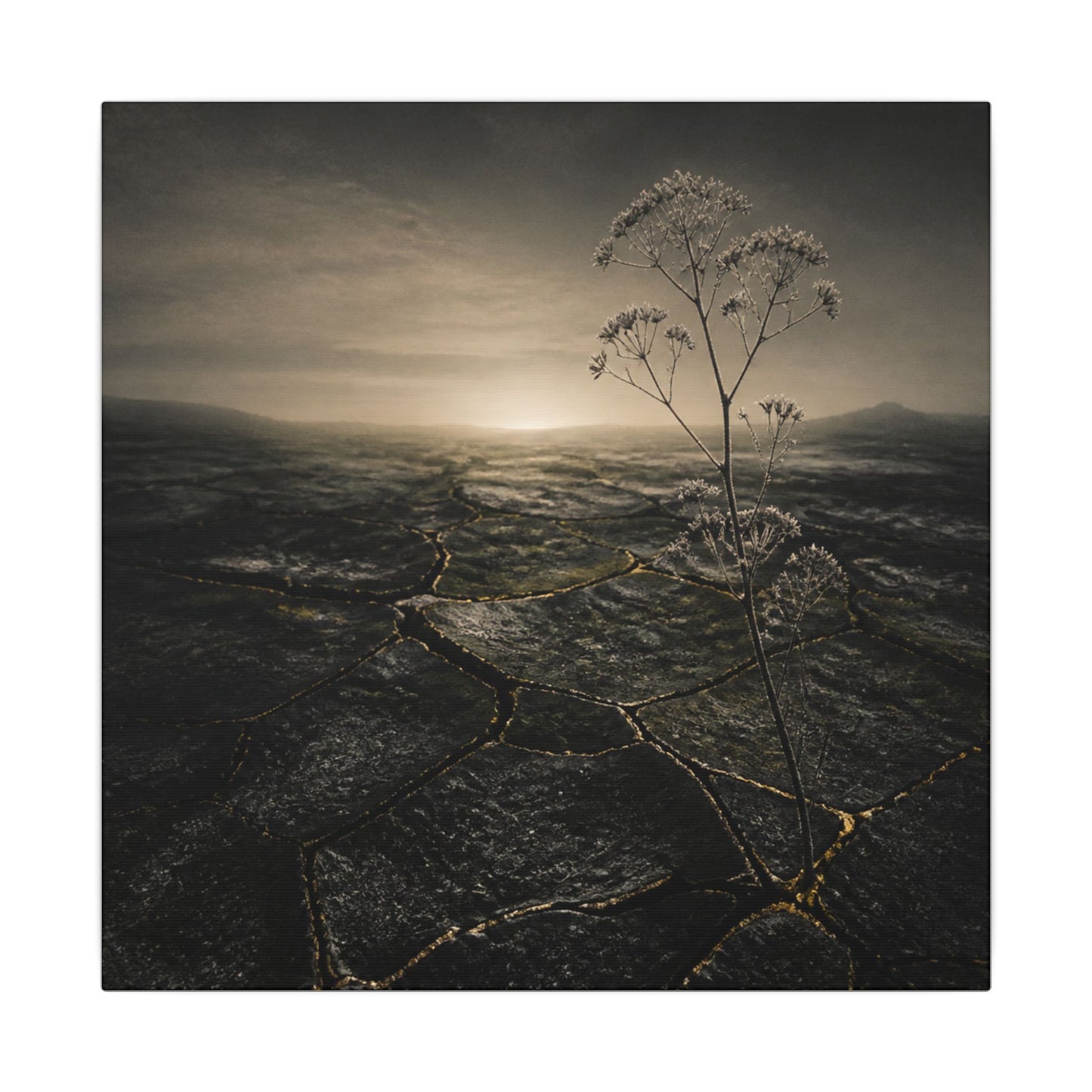 Dawn Cracked Earth Canvas Art - Dark Japandi Mono No Aware