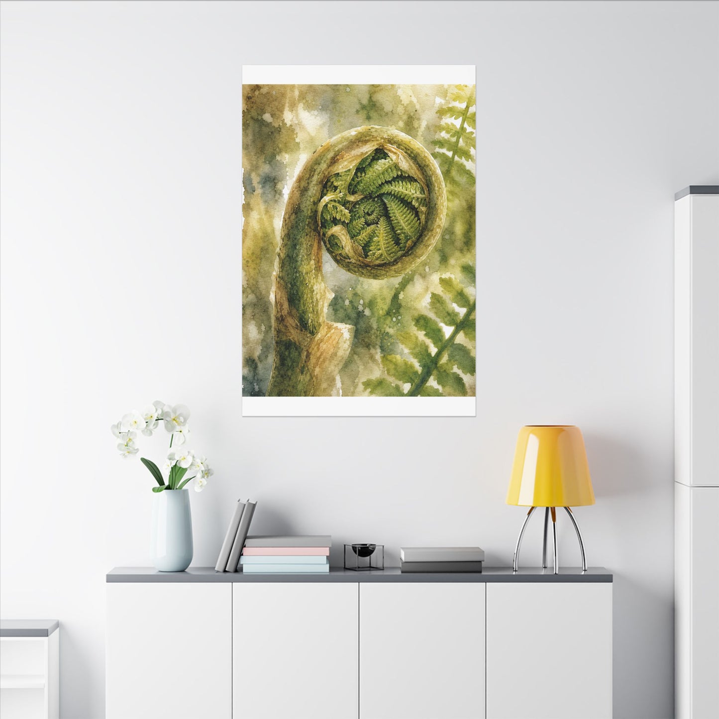 Japandi Fern Unfurling in Dappled | Watercolor Canvas Art