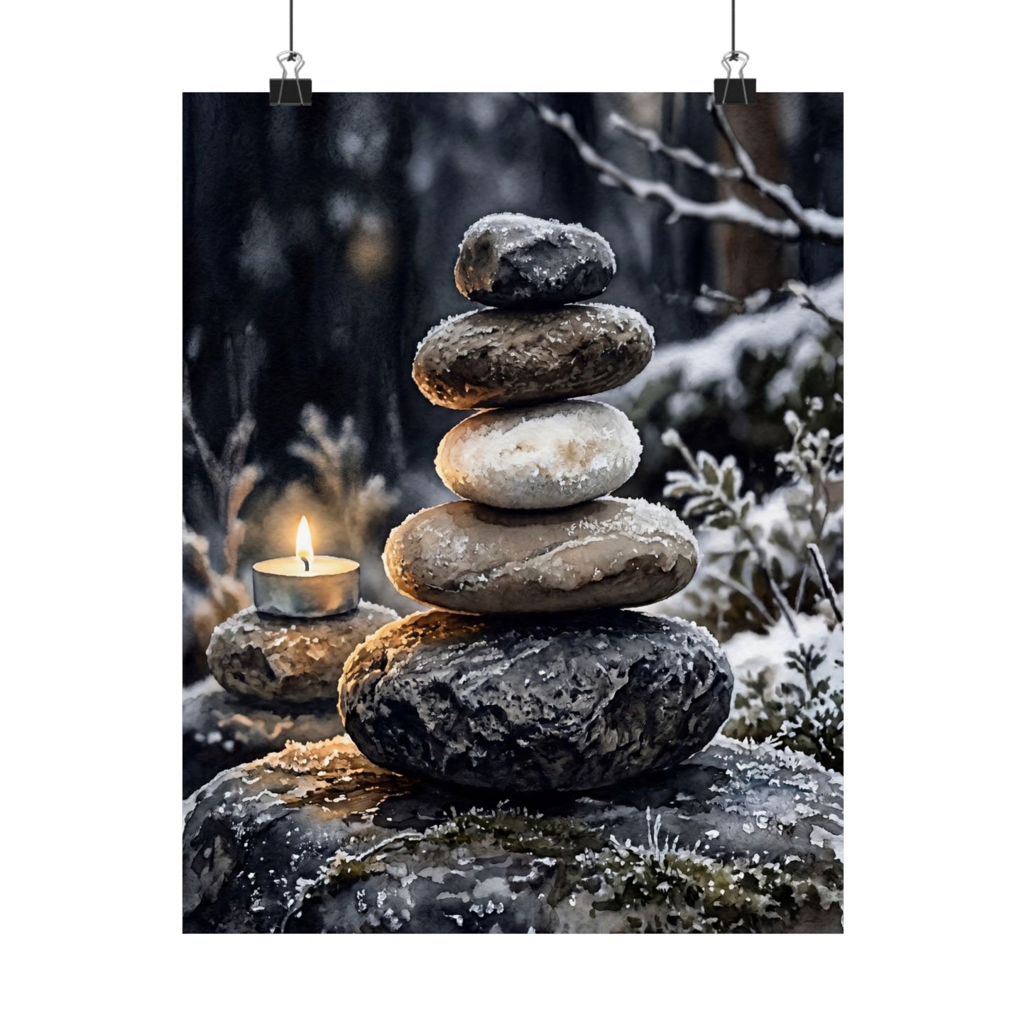 River Stones Wall Art Print | Winter Japandi Watercolor Art