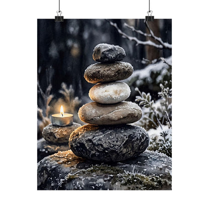 River Stones Wall Art Print | Winter Japandi Watercolor Art
