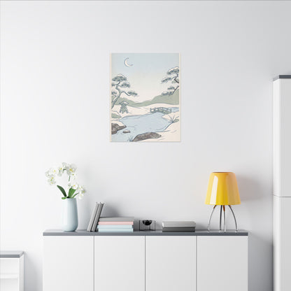 Japandi Moonlit Garden in Moonlight | Minimal Line Canvas Art