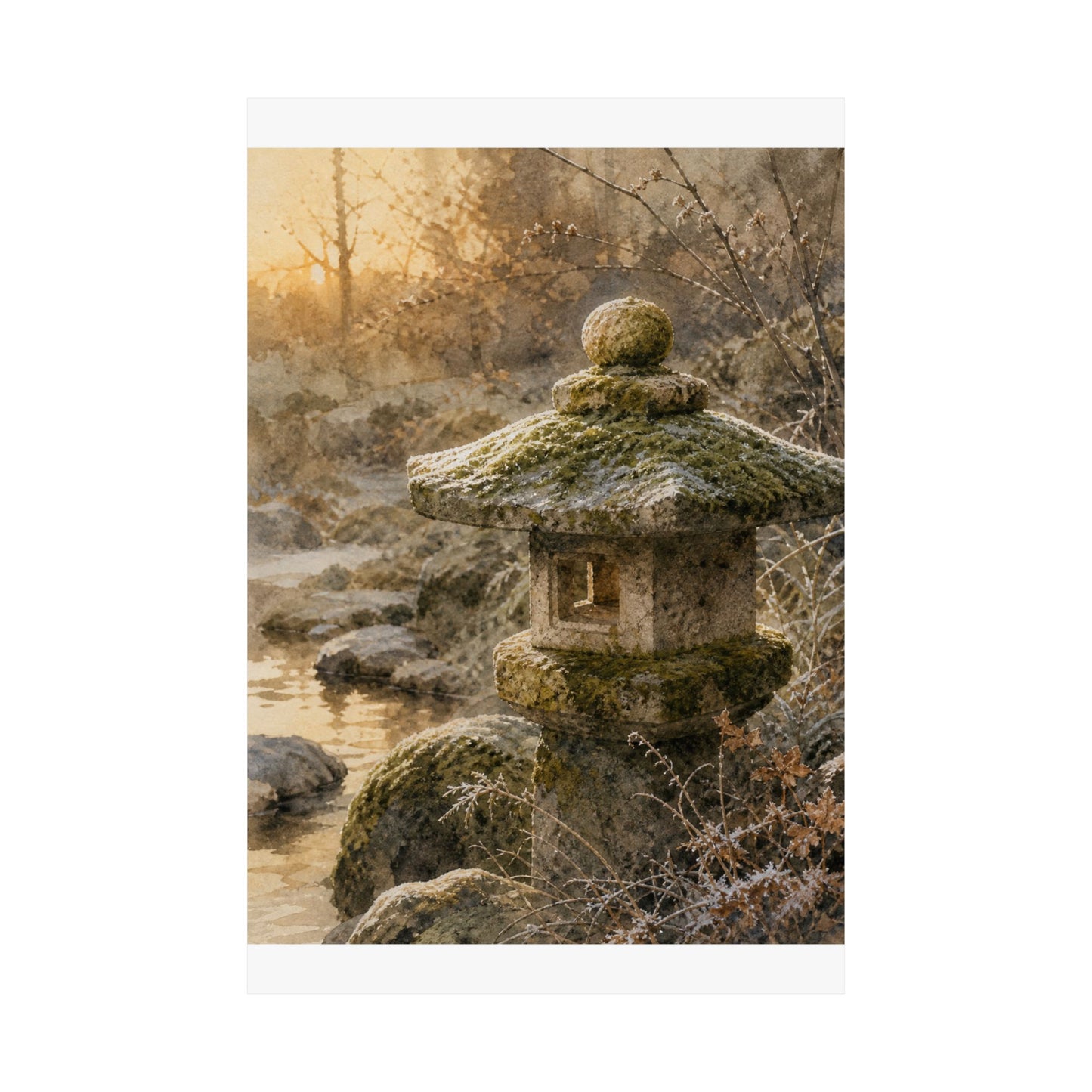 Winter Stone Lantern Watercolor Wall Art Print | Neutral Decor