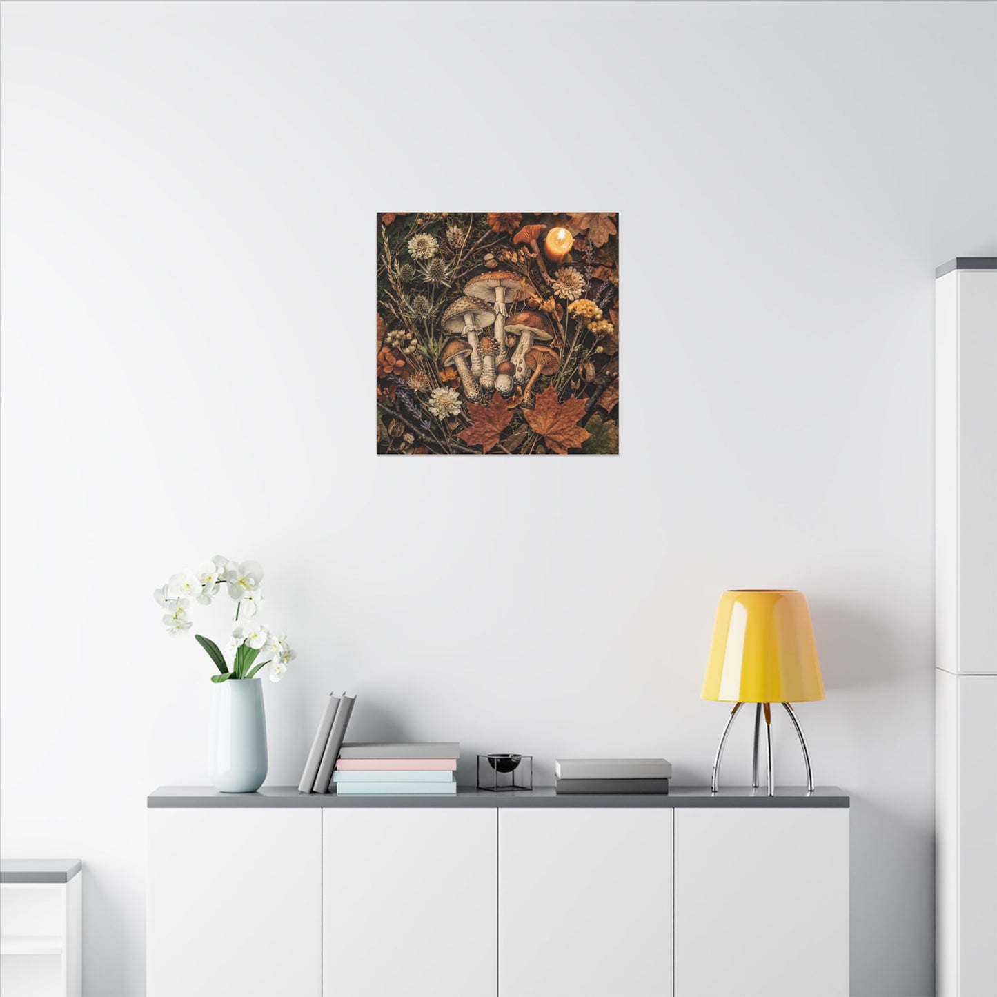 Autumn Dried Flowers Mushroom Illustration Canvas Art | Earthy Decor
