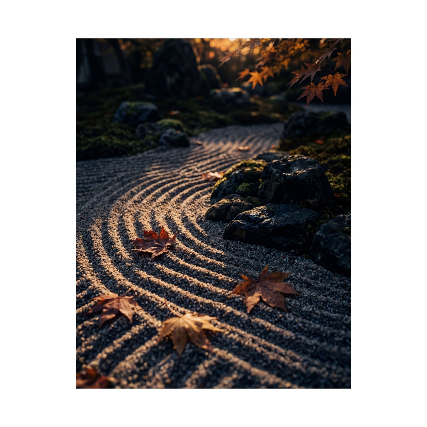 Rock Garden Autumn Wall Art Print | Dark Japandi Atmospheric Design