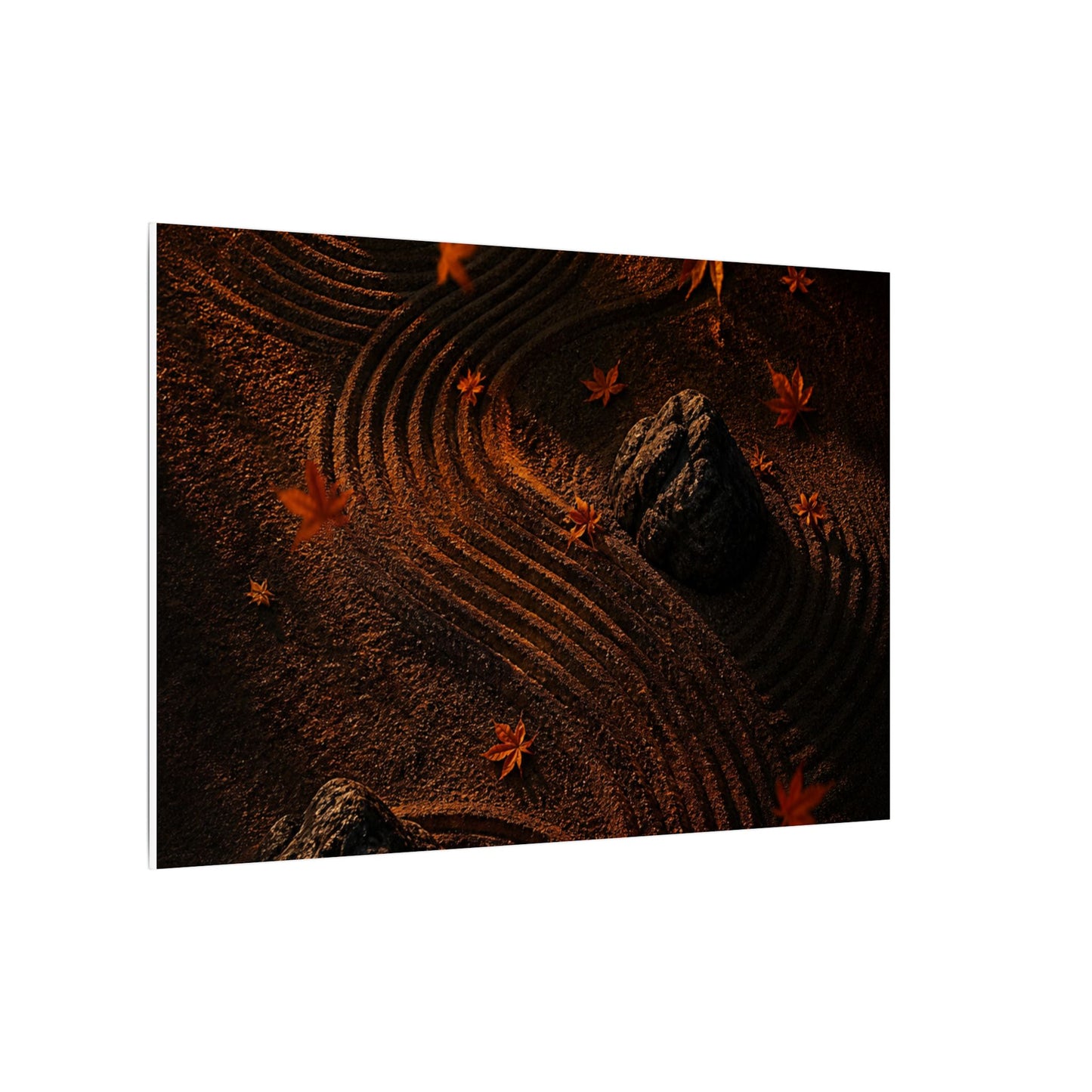 Dark Japandi Rock Garden in Golden Hour | Charcoal Ink Canvas Art