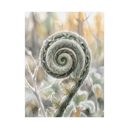 Winter Fern Unfurling Watercolor Canvas Art | Cozy Decor