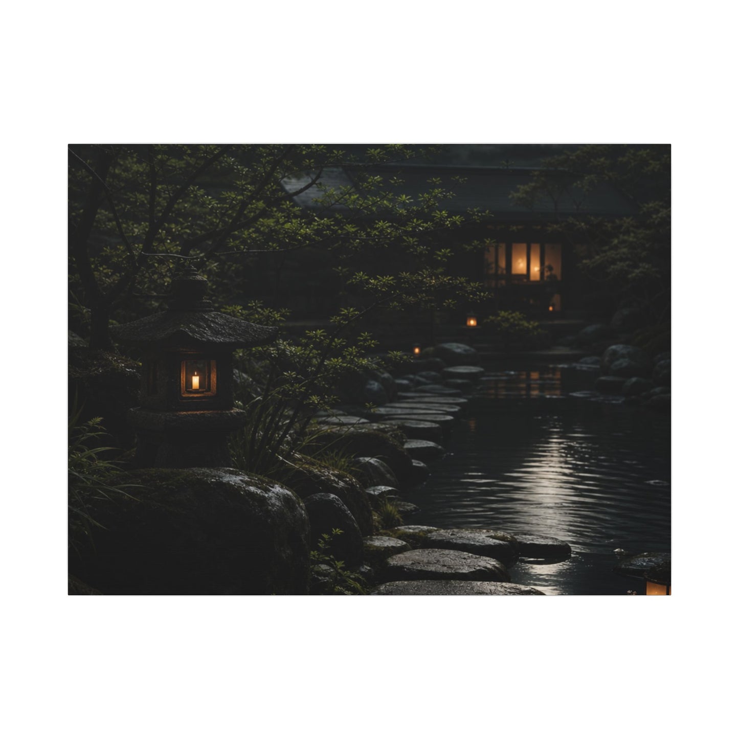 Moonlit Garden Shadow Zen Canvas Art | Sophisticated Dark Japandi Art