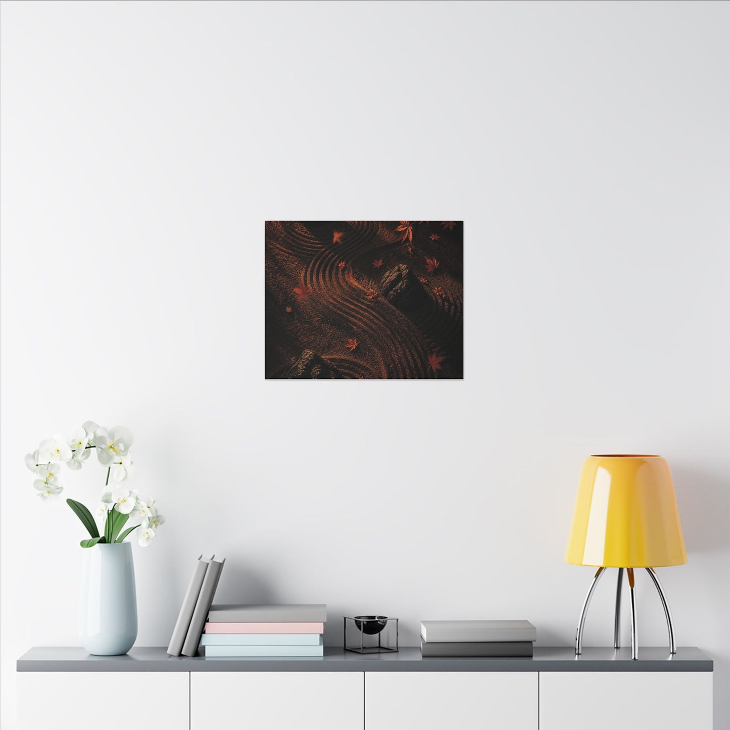 Dark Japandi Rock Garden in Golden Hour | Charcoal Ink Canvas Art