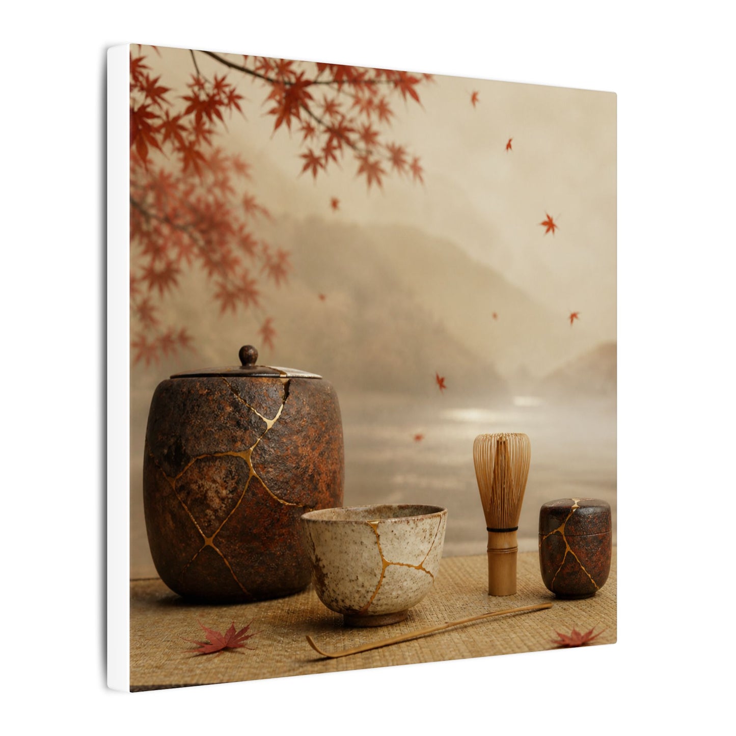 Tea Ceremony Canvas Art | Autumn Kintsugi Gold Vein Art
