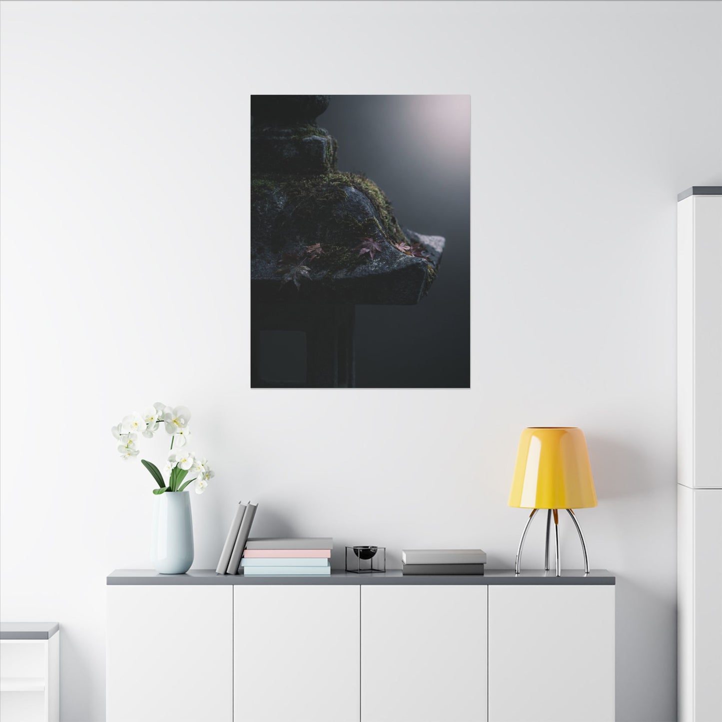 Stone Lantern Moody Minimal Canvas Art | Sophisticated Dark Japandi Art