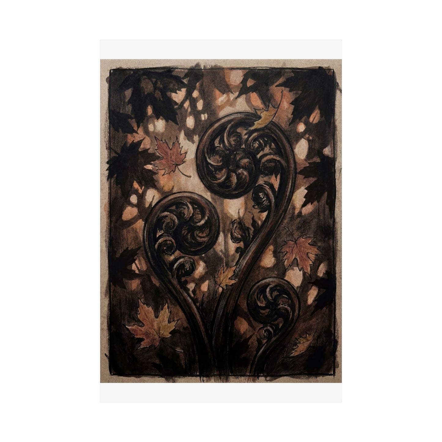 Fern Unfurling Autumn Wall Art Print | Dark Japandi Sophisticated Design