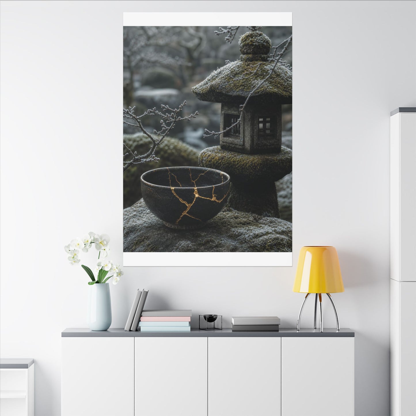 Stone Lantern Canvas Art | Winter Kintsugi Gold Repair Art
