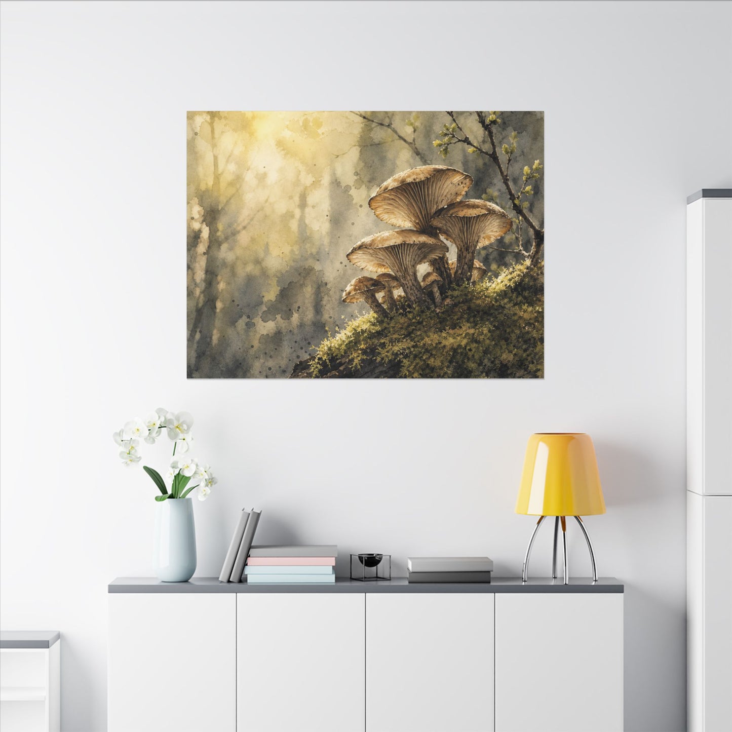 Wild Mushrooms Canvas Art | Spring Japandi Watercolor Art