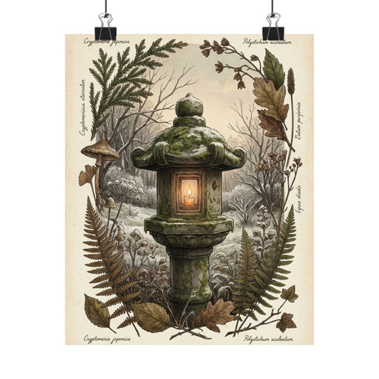 Stone Lantern Winter Wall Art Print | Cottagecore Rustic Design Art Print