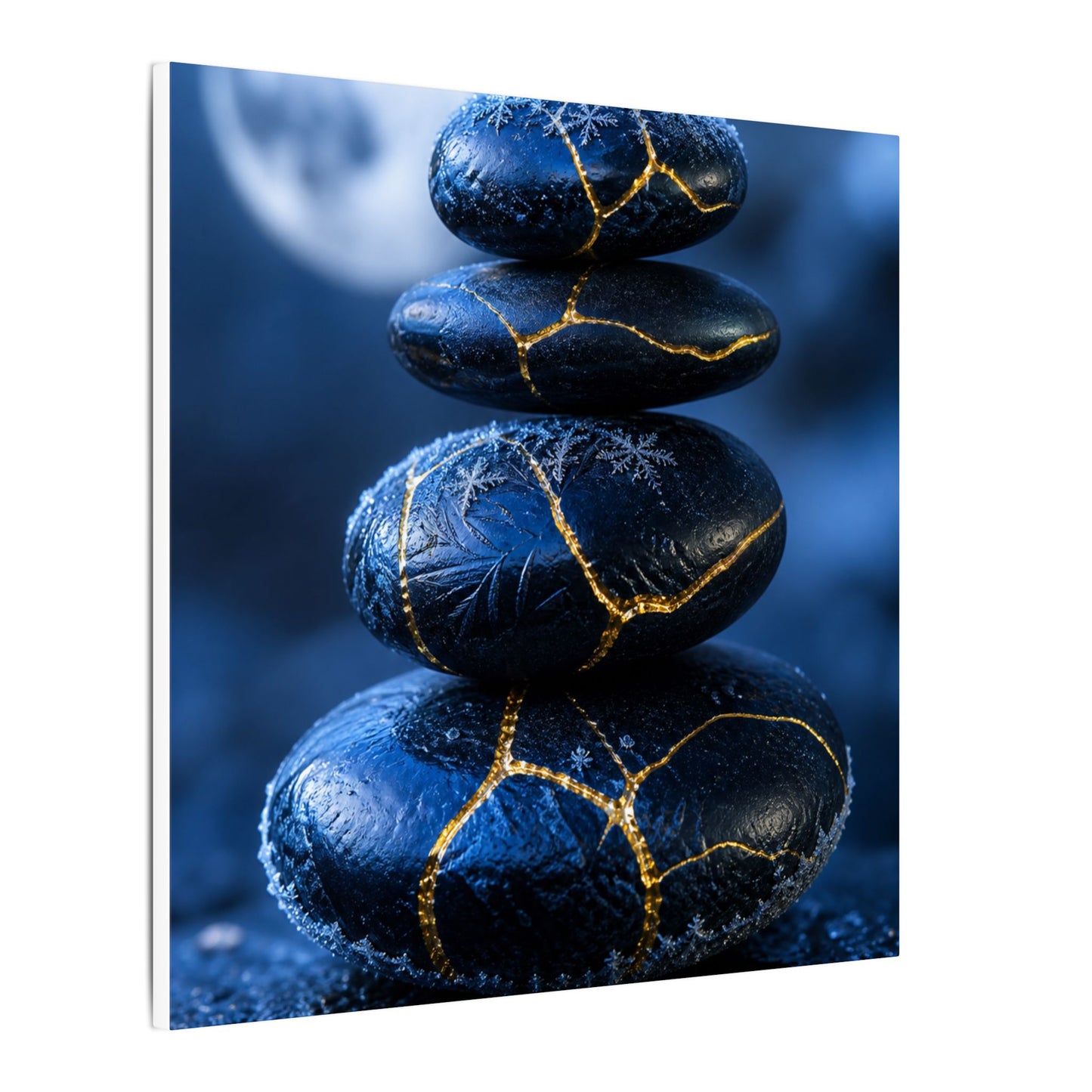 River Stones Canvas Art | Winter Kintsugi Gold Repair Art