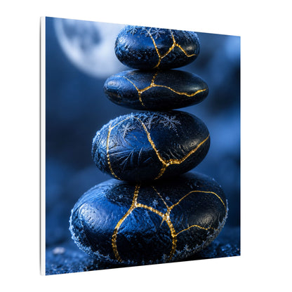 River Stones Canvas Art | Winter Kintsugi Gold Repair Art
