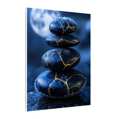 River Stones Canvas Art | Winter Kintsugi Gold Repair Art