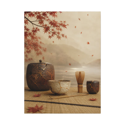 Tea Ceremony Canvas Art | Autumn Kintsugi Gold Vein Art
