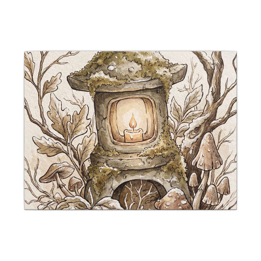 Cottagecore Stone Lantern in Candlelight | Mushroom Illustration Canvas Art
