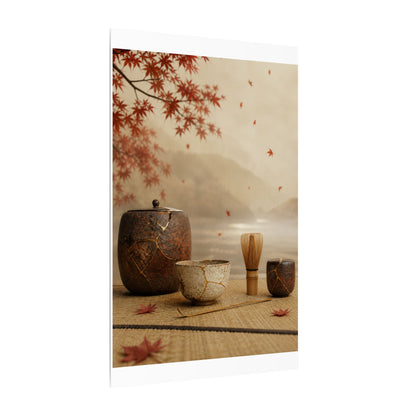 Tea Ceremony Canvas Art | Autumn Kintsugi Gold Vein Art