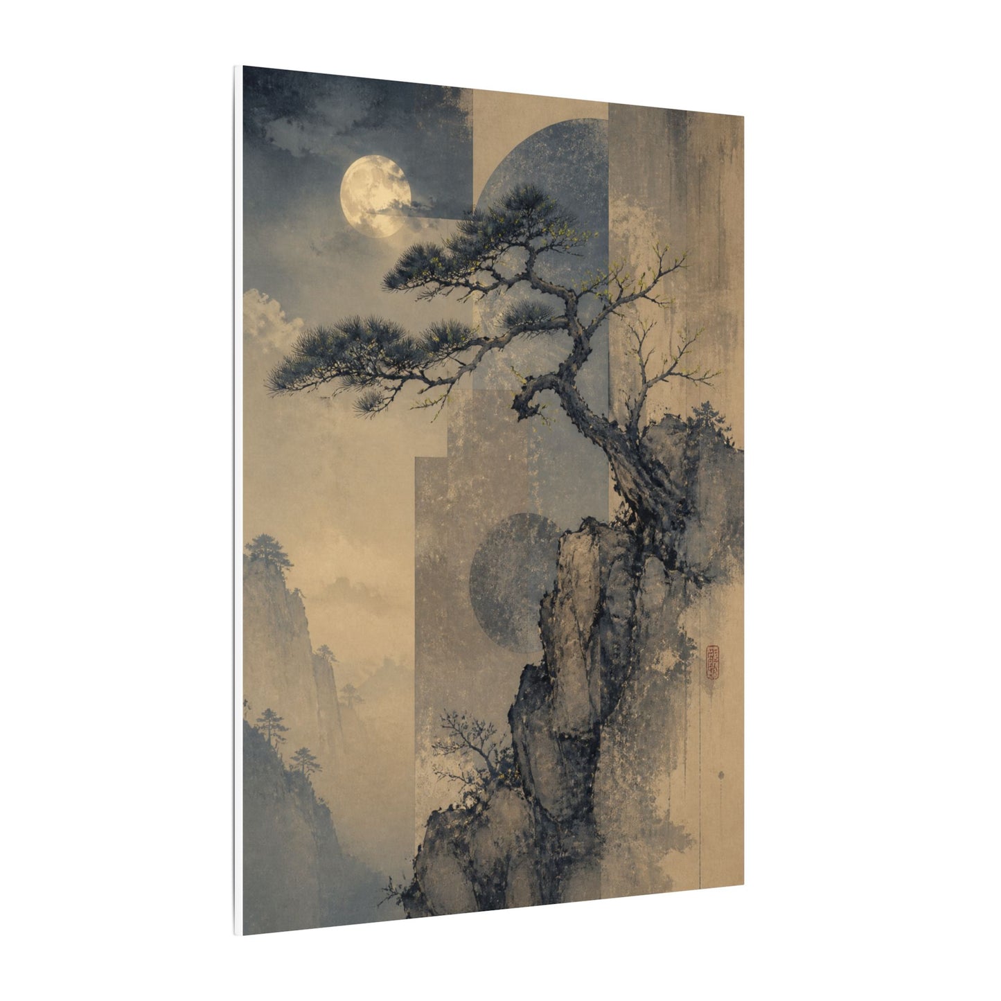 Japandi Pine Tree in Moonlight | Japanese Pattern Canvas Art